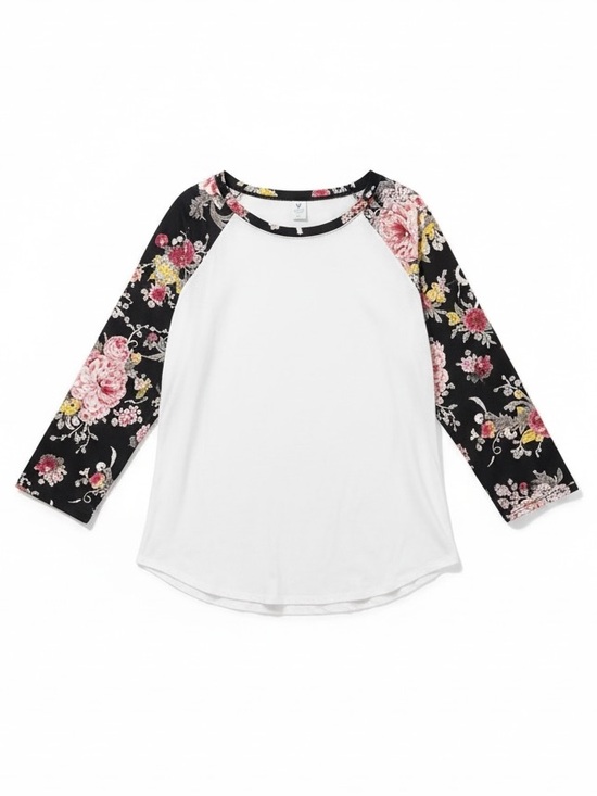 Venley Tops - Venley Floral Raglan Tee Top White Black XXL